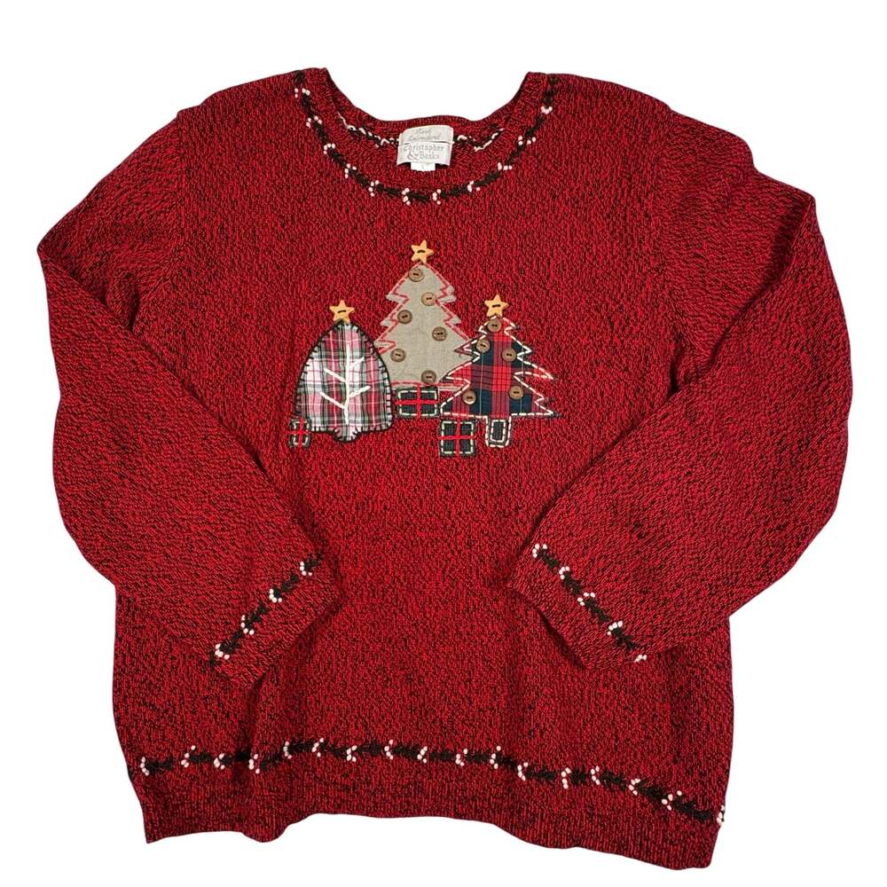Vintage Christopher & Banks Christmas Tree Sweater Women's L Red Black Marled